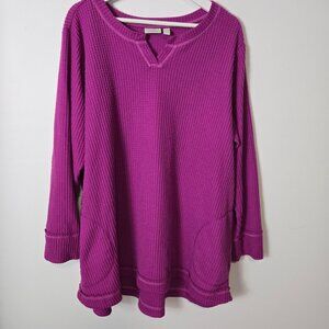 LOGO Lounge Size 3X Lori Goldstein Cloud Waffle Split Neck Top Fuchsia Pockets